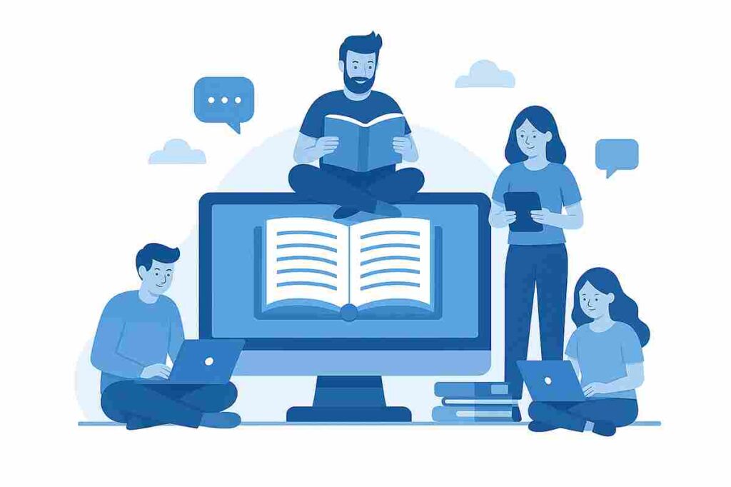 Group of people reading and learning illustration for DigitalBlogCorner readers