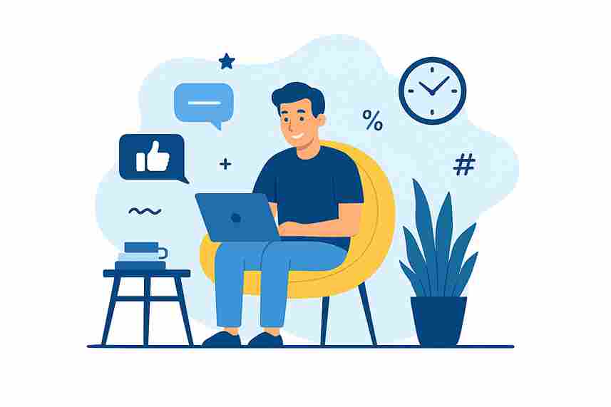 Illustration of person on laptop with chat bubbles – Why We Use Collected Data DigitalBlogCorner