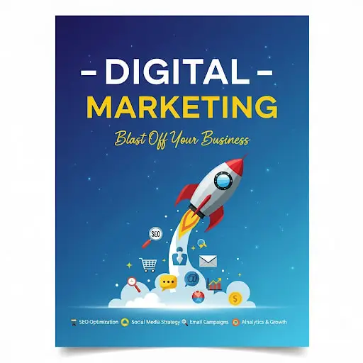 🚀 Digital marketing for beginners – rocket launch concept with SEO, social media, email campaigns, and business growth icons.
