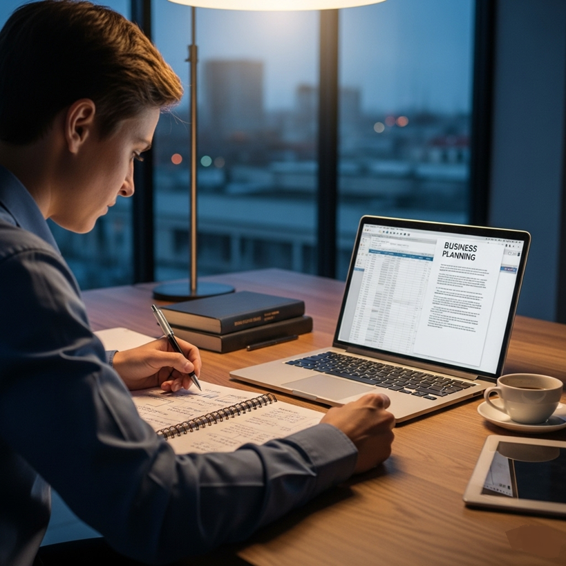 Entrepreneur writing a business plan on laptop and notebook – DigitalBlogCorner