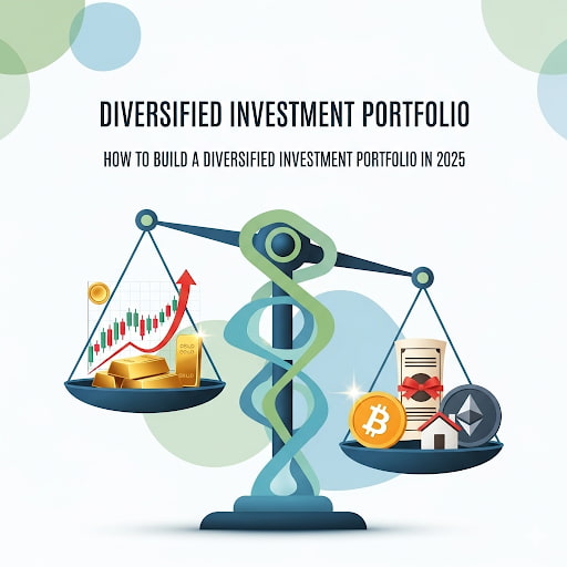 "Illustration of a balanced scale showing diversified investment portfolio with stocks, gold, crypto, and real estate for 2025"