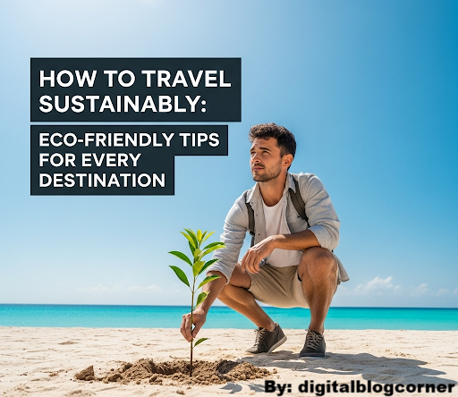 "Man planting a tree on the beach – eco-friendly travel and sustainable tourism tips by DigitalBlogCorner"