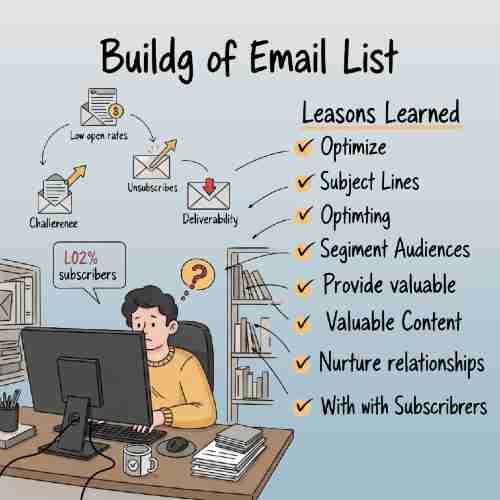 Infographic on building an email list with lessons learned such as optimizing subject lines, segmenting audiences, and nurturing subscribers.