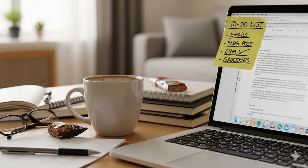 "Work desk with laptop, coffee mug, to-do list, and notebooks for building a productive daily routine"