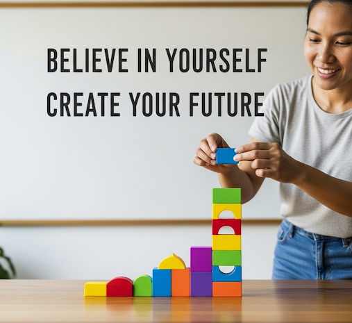 Woman building colorful blocks symbolizing growth with text believe in yourself create your future.