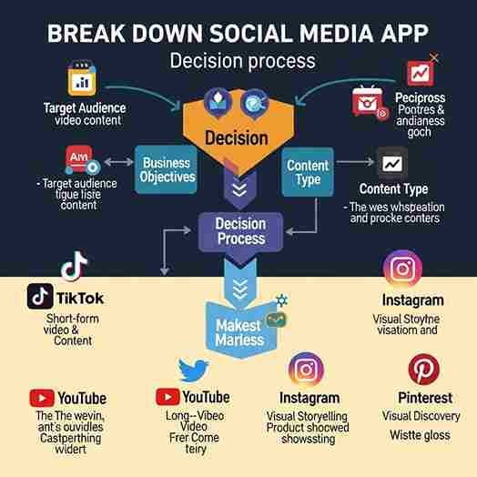 Infographic showing social media app decision process for businesses including TikTok, Instagram, YouTube, Twitter, and Pinterest