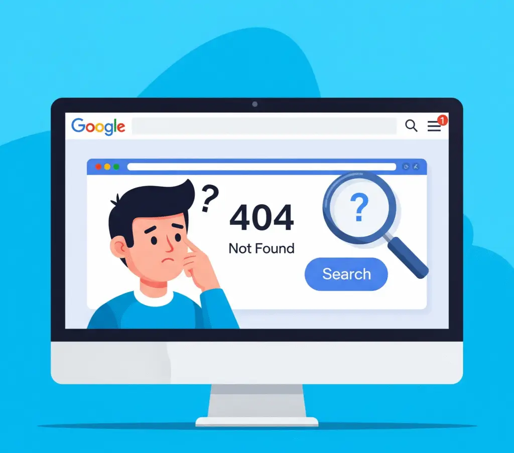 Illustration of a 404 not found error on a website, symbolizing issues with getting a site seen on Google search